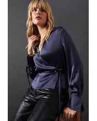 Warehouse - Satin Wrap Front Tie Blouse - Lyst