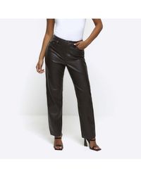 River Island - Straight Trousers Petite Brown Faux Leather Pu - Lyst