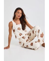 Boohoo - Tall Bear Print Fleece Cami Top & Wide Leg Trousers Lounge Set - Lyst
