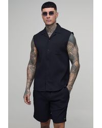 BoohooMAN - Tall Textured Pleated Regular Fit Sleeveless Shirt & Short Set - Lyst