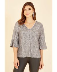 Yumi' - Silver Sequin Top With Fluted Sleeve - Lyst