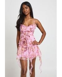 Boohoo - Floral Textured Chiffon Lace Up Front Mini Dress - Lyst