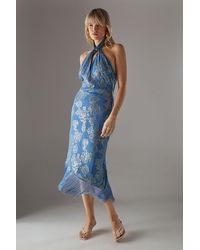 Warehouse - Metallic Chiffon Fringe Hem Halter Wrap Front Midi Dress - Lyst