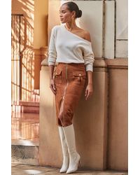 Sosandar - Tan Suede Zip Front Pocket Detail Pencil Skirt - Lyst