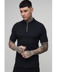 BoohooMAN - Tall Muscle Fit Crinkle Textured Zip Up Polo - Lyst