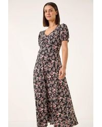 Roman - Rose Print Ruched Midi Dress - Lyst