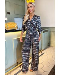 AX Paris - Multi Print 3/4 Length Sleeve Wrap Top Belted Jumpsuit - Lyst