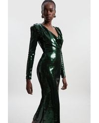 Karen Millen - Sequin Plunge Cowl Neck Strong Shoulder Long Sleeve Midi Dress - Lyst