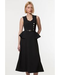 Karen Millen - Compact Stretch Belted Peplum Detail Full Skirted Midi Dress - Lyst