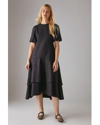 Warehouse - Twill Puff Sleeve Ruffle Hem Midi Dress - Lyst