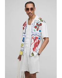 BoohooMAN - Oversized Linen Blend Conversational Printed Shirt & Short Set - Lyst
