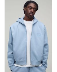 BoohooMAN - Heavyweight Embroidered Cropped Boxy Zip Through Hoodie - Lyst
