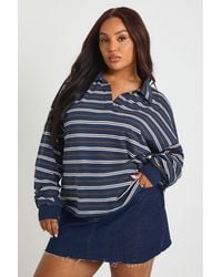 Boohoo - Plus Striped Heavy Cotton Button Detail Collared Rugby Top - Lyst