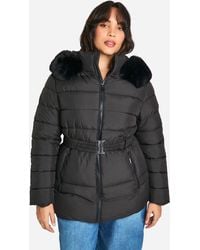 Boohoo - Plus Faux Fur Trim Belted Puffer Jacket - Lyst