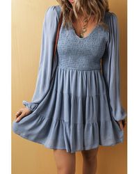 Azura Exchange - Ashleigh Long Sleeve V Neck Smocked Tiered Mini Dress Viscose - Lyst