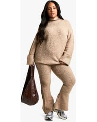 Boohoo - Plus Borg High Neck Cuff Detail Knitted Jumper And Flare Trouser Co-Ord - Lyst