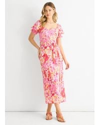 Gini London - Floral Puff Sleeves Belted Midi Dress - Lyst