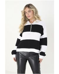 Brave Soul - White 'florence' Striped Knitted Jumper With Zip Neck - Lyst