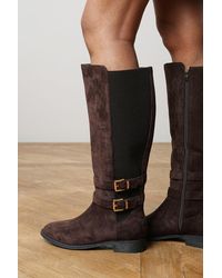 Where's That From - Elaris Wide Fit Double Buckle Detail Stretch Elastic Knee High Riding Boots - Lyst
