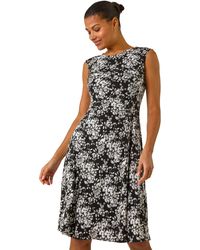Roman - Floral Puff Print Gathered Stretch Midi Dress - Lyst