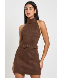 Boohoo - Fuax Suede Halterneck Belt Detail Mini Dress - Lyst