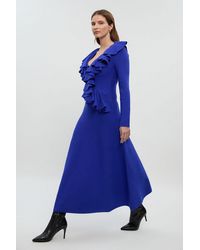 Karen Millen - Compact Wool Look Ruffle V Neck Midi Dress - Lyst