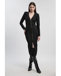 Karen Millen - Petite Pu Tipped Detail Zip Through Bandage Knit Midi Dress - Lyst