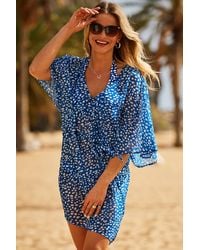 Sosandar - Blue & White Fleck Print Tie Waist Beach Kaftan - Lyst