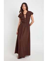 Boohoo - Cotton Poplin Shirred Front Tie Maxi Dress - Lyst