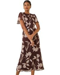 Roman - Floral Print Flutter Sleeve Midi Dress - Lyst