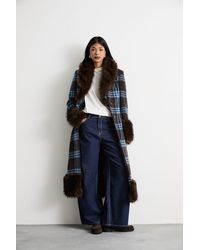 Warehouse - Faux Fur Collared Check Belted Coat - Lyst