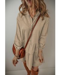 Azura Exchange - Tan Puffärmel Button-Up Gestuftes Plissiertes Hemd-Minikleid - Lyst