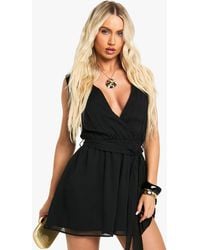 Boohoo - Chiffon Plunge Belted Playsuit - Lyst