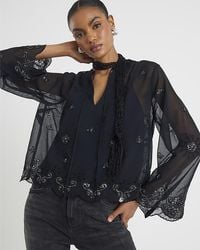 River Island - Blouse Long Sleeve Chiffon Cutwork Viscose - Lyst