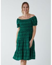 Blue Vanilla - Puff Sleeve Bardot Shirred Dress - Lyst