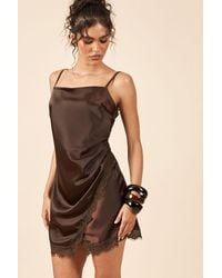 Boohoo - Textured Satin & Lace Wrap Front Mini Dress - Lyst
