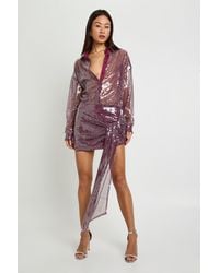 Boohoo - Tall Sheer Sequin Draped Mini Shirt Dress - Lyst
