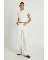 Boohoo - Turn Up Hem Twill Wide Leg Trousers - Lyst