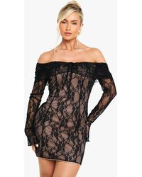 Boohoo - Bardot Long Sleeve Lace Mini Dress - Lyst