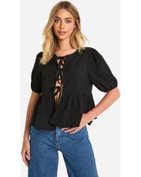 Boohoo - Textured Tie Front Puff Sleeve Smock Top - Lyst