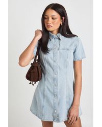 Boohoo - Short Sleeve Cinched Waist Denim Dress - Lyst