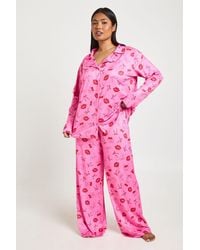 Boohoo - Plus Valentines Cherries And Kisses Print Long Sleeve Shirt & Trouser Pyjama Set - Lyst