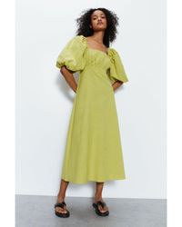 Warehouse - Cotton Puff Sleeve Ruched Bodice Midi Dress - Lyst