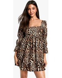 Boohoo - Leopard Gathered Puff Sleeve Smock Dress - Lyst