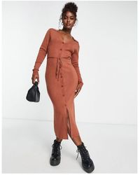 ASOS - Knitted Midi Dress With Open Collar And Tie Waist - Lyst