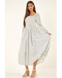 Roman - Spot Shirred Midi Dress - Lyst