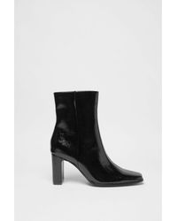 Warehouse - Sqaure Toe Patent Block Heel Ankle Boot - Lyst