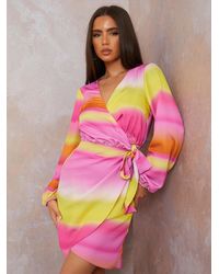 Chi Chi London - Long Sleeve Satin Ombre Wrap Mini Dress - Lyst