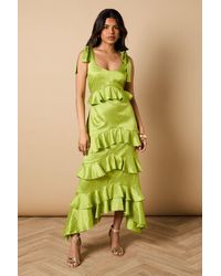 Oasis - Petite Printed Satin Jacquard Tiered Midi Dress - Lyst