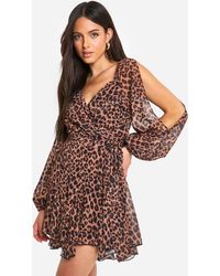 Boohoo - Leopard Chiffon Lace Back Puff Sleeve Wrap Skater Dress - Lyst